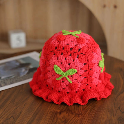 3D Cherry Crochet Ruffled Bucket Hat