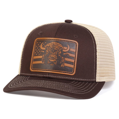 Brown Bull Head Leather Patch Adjustable Snapback Cap