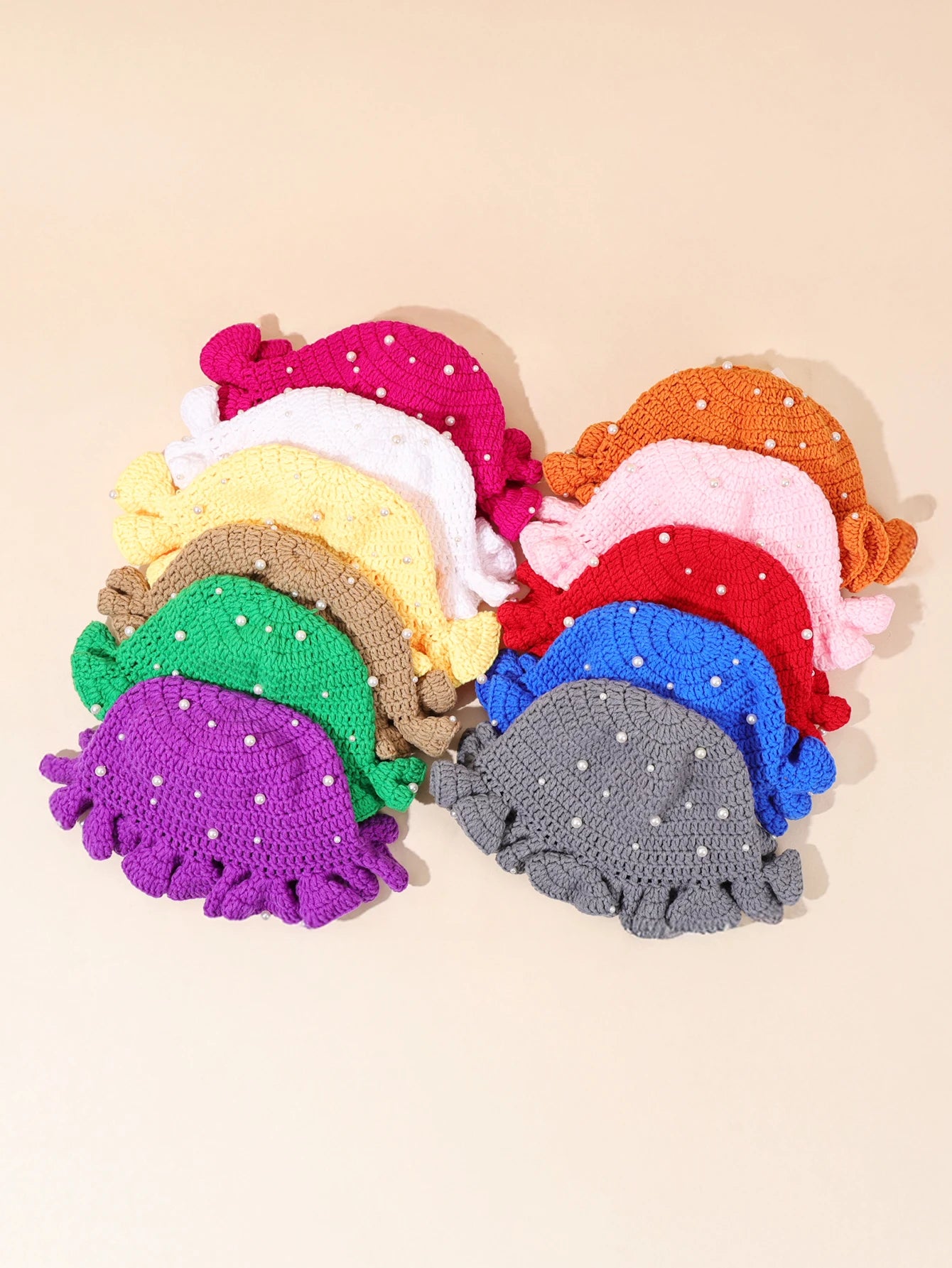 Women Vintage Pearl Crochet Ruffled Bucket Hat