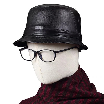 Man Real Leather Flat Bucket Hats