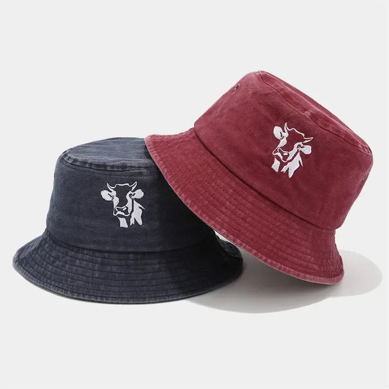 Animal Embroidered Cotton Bucket Hat Outdoor Travel Cap
