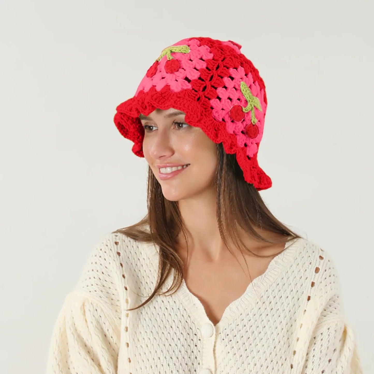 Cherry Crochet Flower Bucket Hat