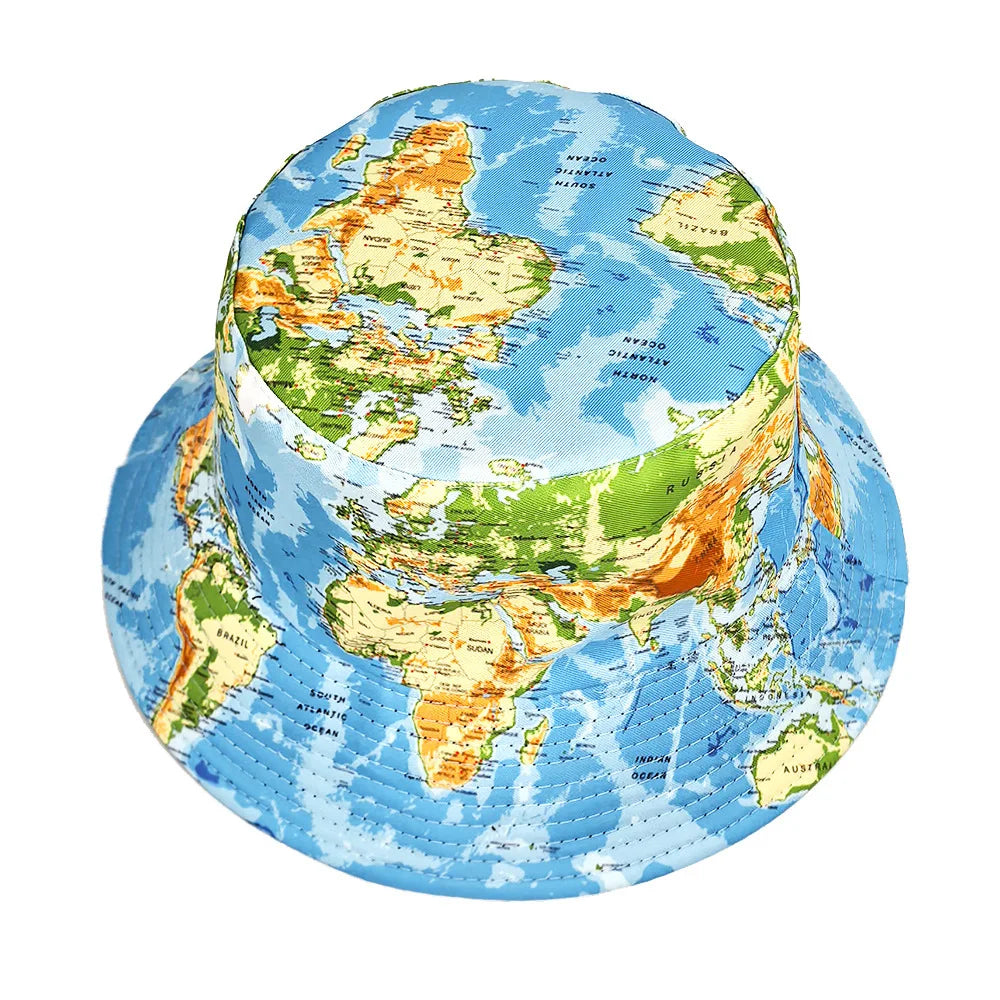 Reversible World Map Bucket Hat Men Women Double Sided