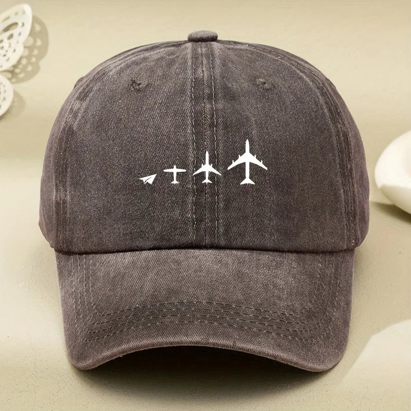 Retro Airplane Print Washed Baseball Cap Adjustable
