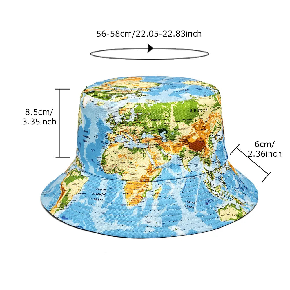Reversible World Map Bucket Hat Men Women Double Sided