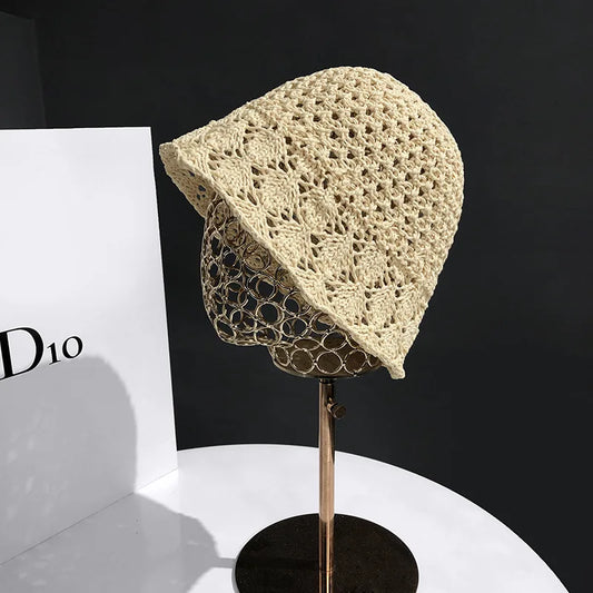 Women Breathable Crochet Straw Sun Bucket Hat