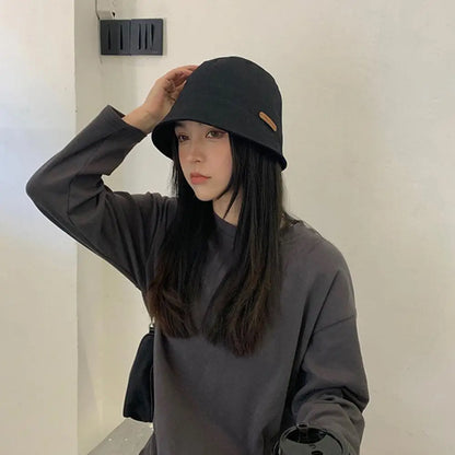 Soft Cotton Solid Color Sun Hats Black Foldable Bucket Hat