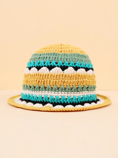 Women Color Block Flower Crochet Fisherman Hat