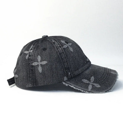 Cross Denim Baseball Cap With Jacquard Fringe, Vintage Distressed, Cropped Edge Cap For Men & Women