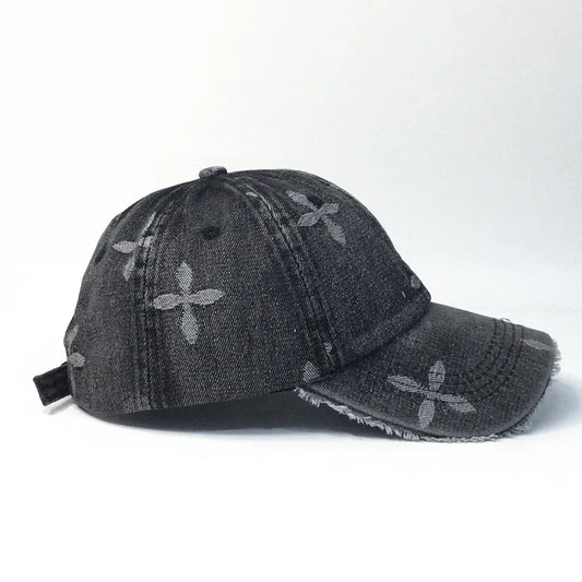 Cross Denim Baseball Cap With Jacquard Fringe, Vintage Distressed, Cropped Edge Cap For Men & Women