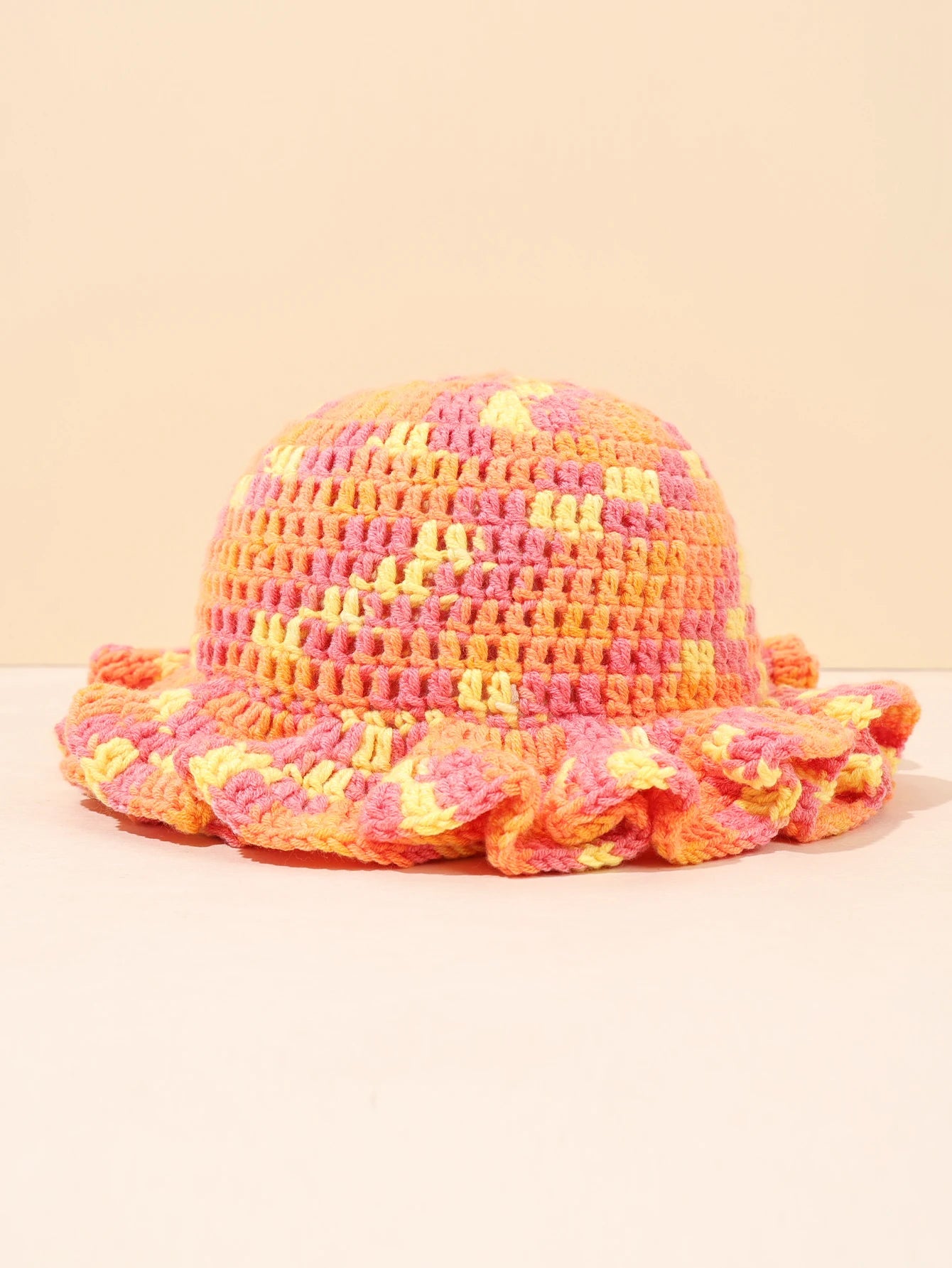 Women Vintage Orange Pink Woven Straw Bucket Hat