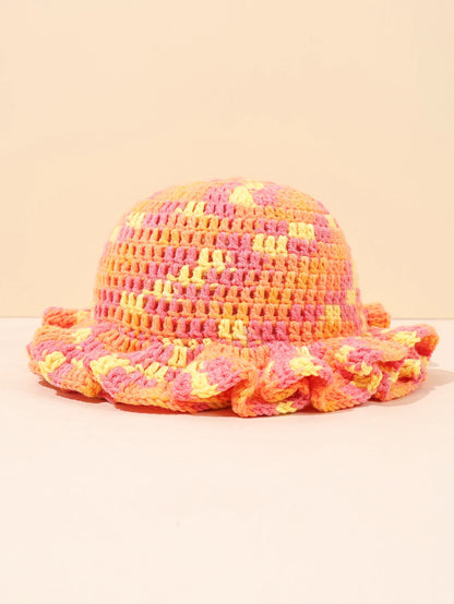 Women Vintage Orange Pink Woven Straw Bucket Hat