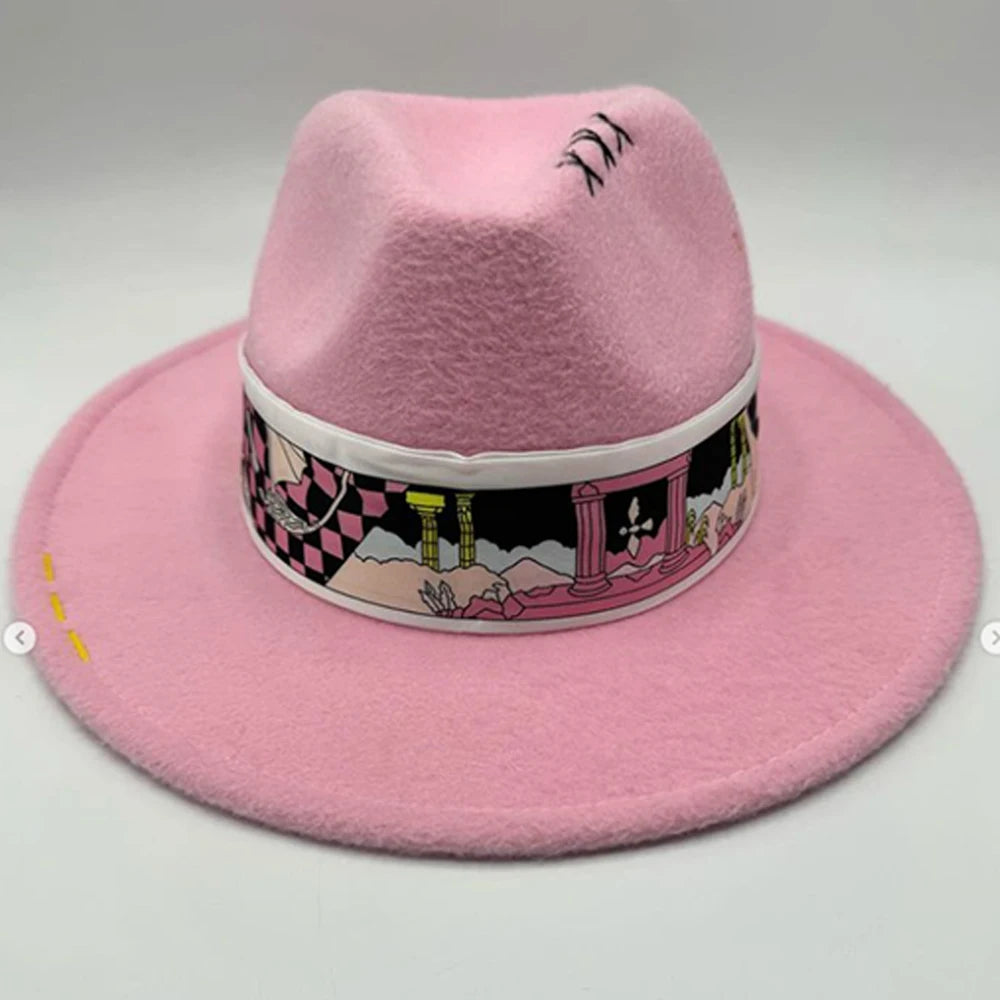 Suede Fedora Painting Felt Hats For Men And Women, Hand Sewn Fedora Adjustable Fall Winter Fashion Party Hats And Gifts Size 56-58CM