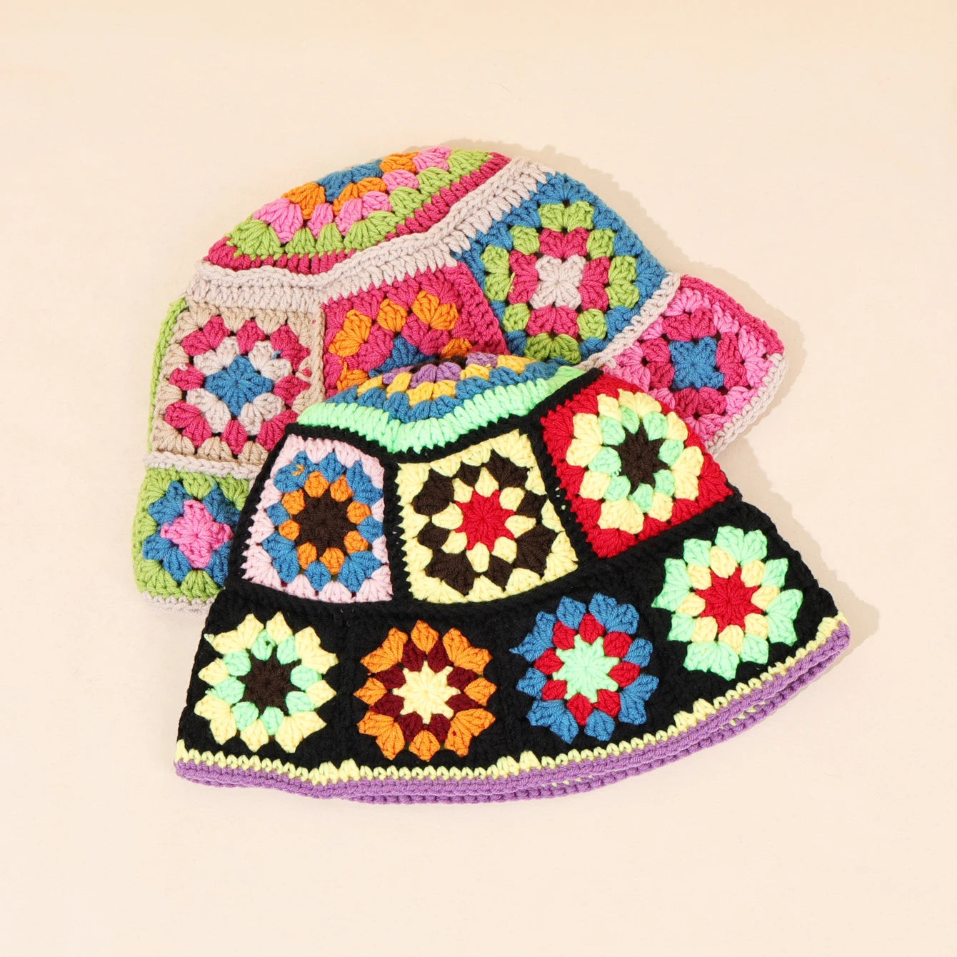 Colorful Floral Patch Crochet Bucket Hat