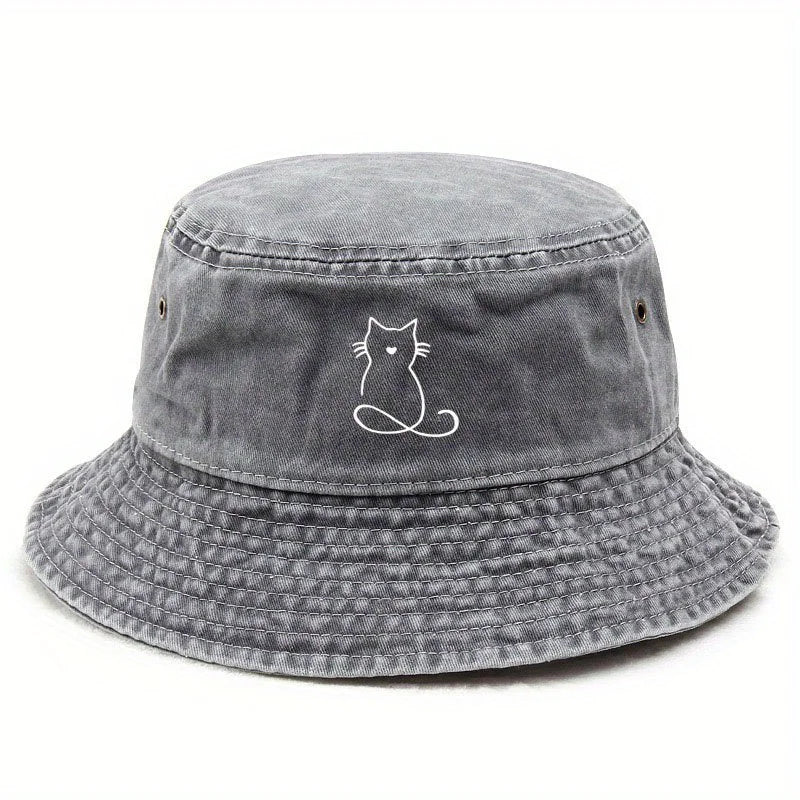 Wide Brim Cat Print Bucket Hat