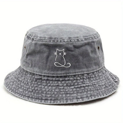 Wide Brim Cat Print Bucket Hat