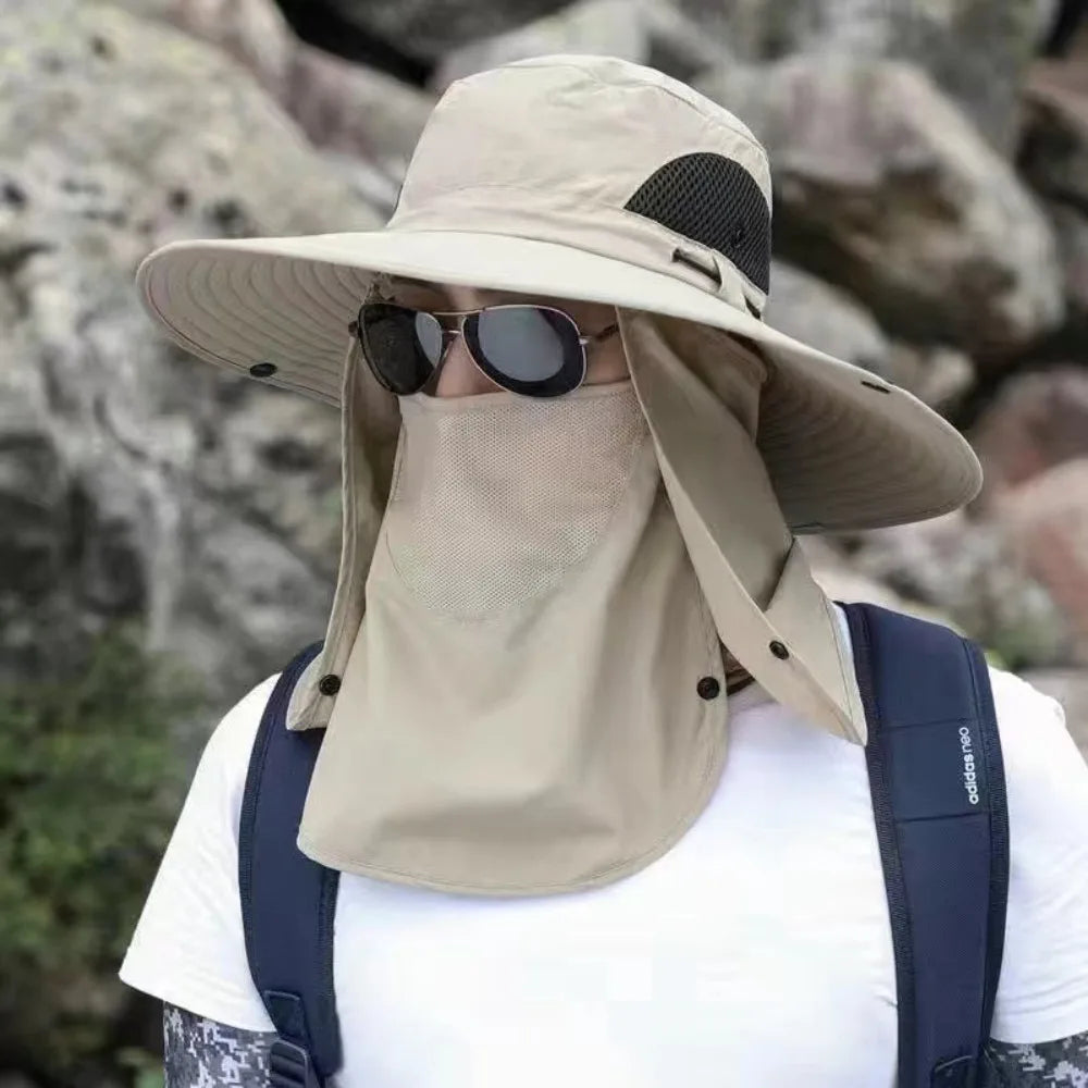 Adjustable Wide Brim UV Protection Bucket Hat With Face Mask