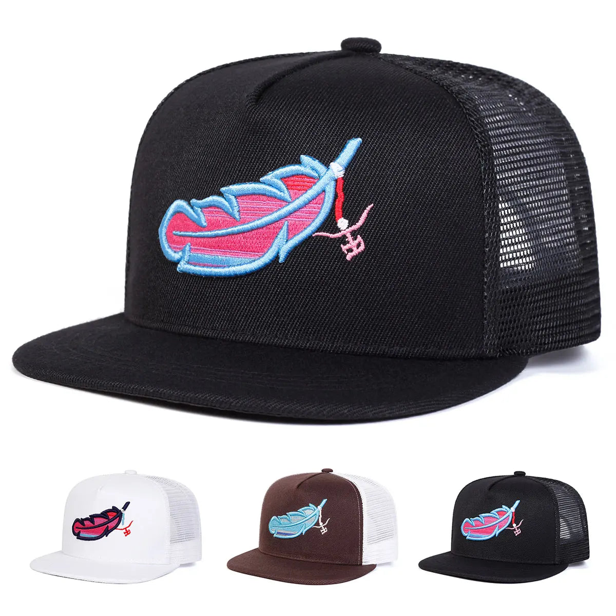 Colorful Feather Embroidered Mesh Snapback Cap