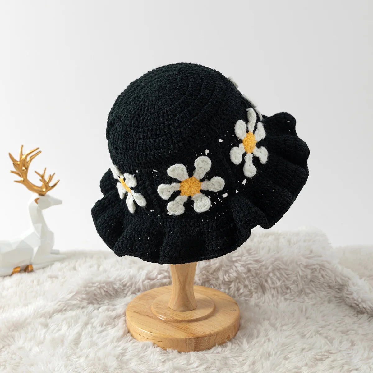 Retro Ruffled Floral Crochet Bucket Hat