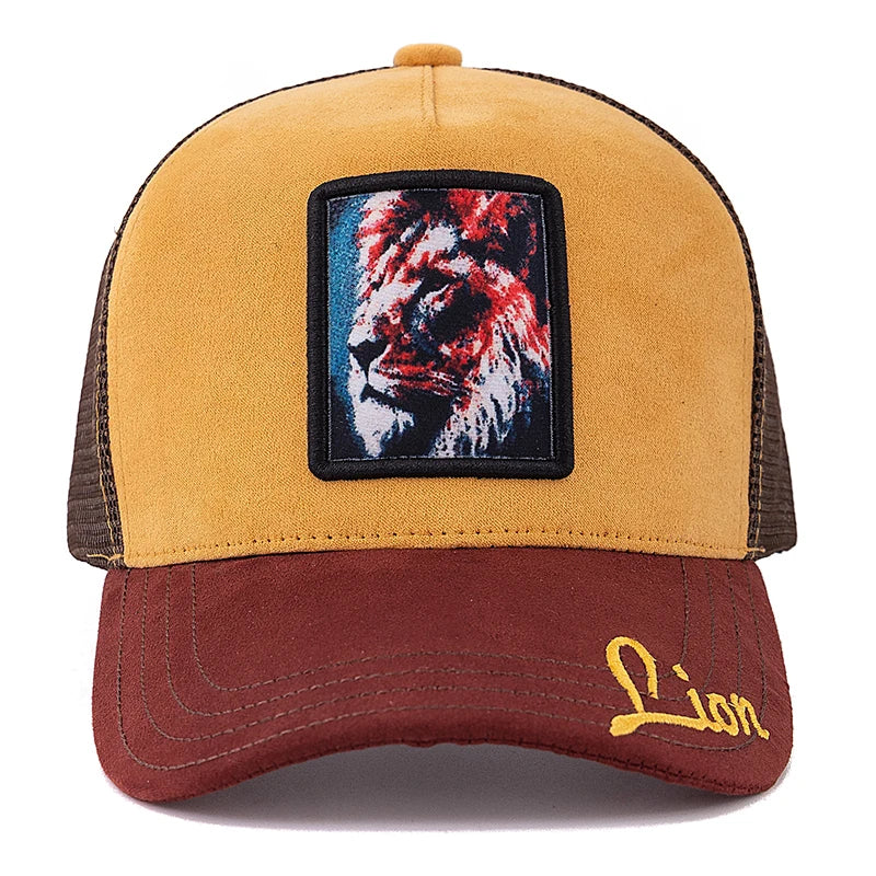 Hot Sale Unisex Mesh Cap Lion Pattern Patch Design Suede Hat Women And Men Summer Animal Baseball Cap Fashion Trucker Hat Size 56-60cm