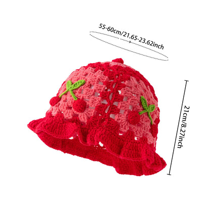 3D Cherry Crochet Ruffled Bucket Hat