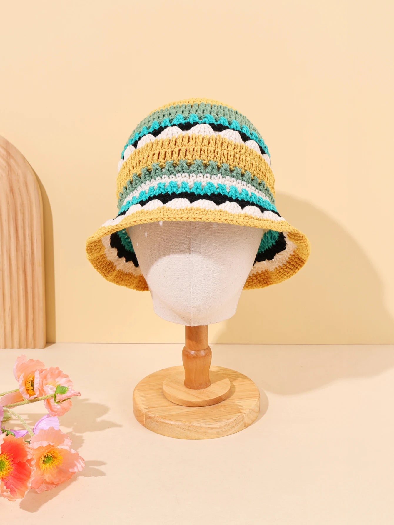 Women Color Block Flower Crochet Fisherman Hat