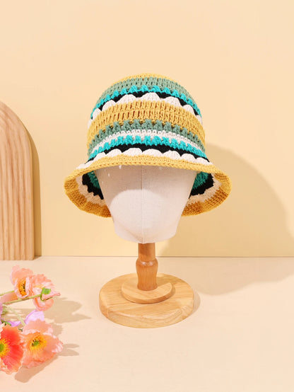 Women Color Block Flower Crochet Fisherman Hat