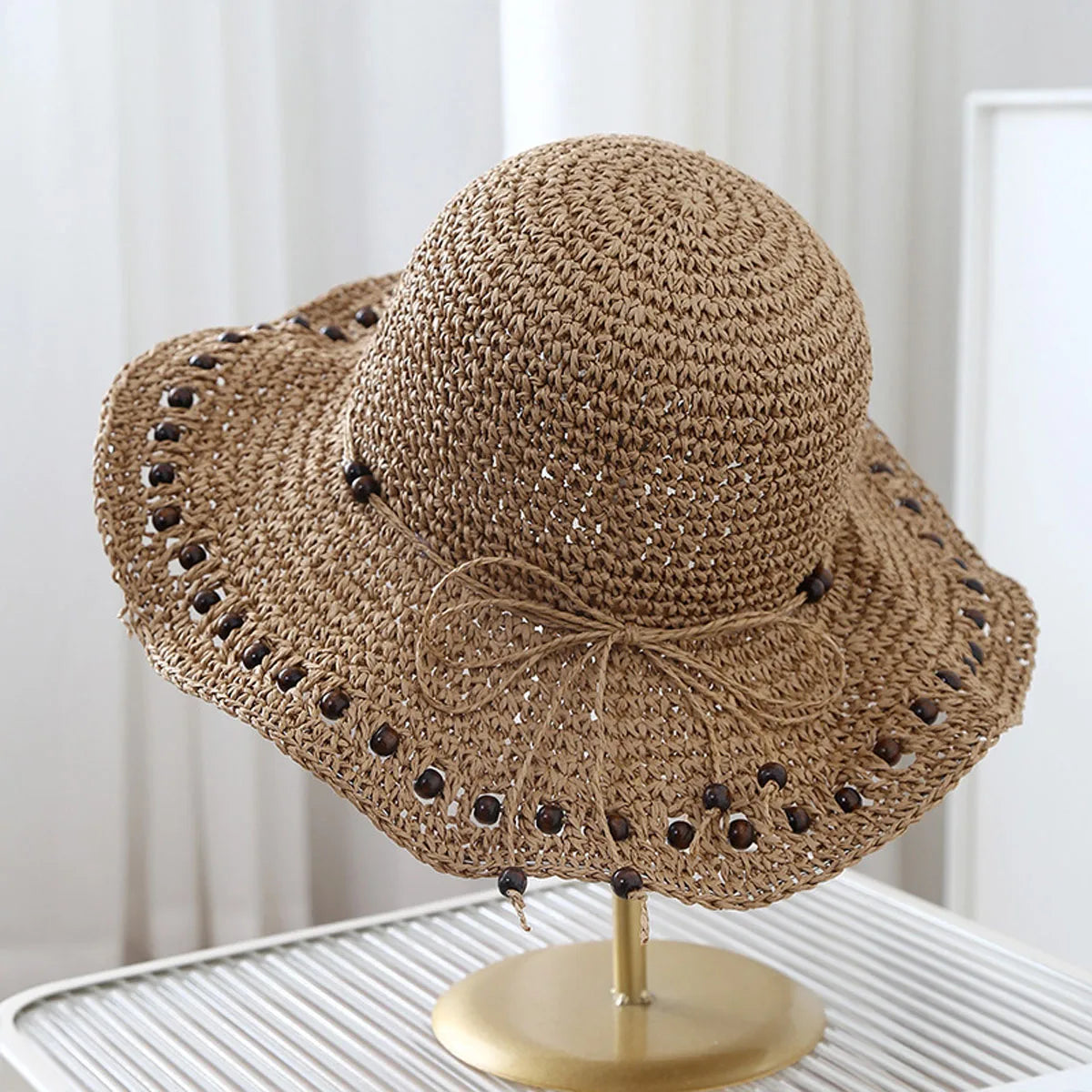 1pc French Retro Black Beaded Design Straw Bucket Hats