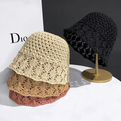 Women Breathable Crochet Straw Sun Bucket Hat