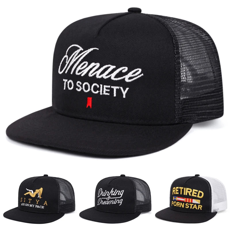 Unisex Flat Brim Letter Embroidered Mesh Snapback Cap