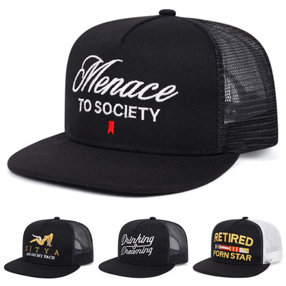 Unisex Flat Brim Letter Embroidered Mesh Snapback Cap