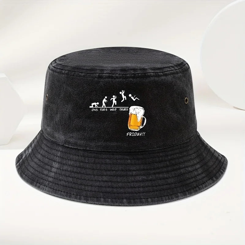 Beer Cup Print Washed Cotton Bucket Hat