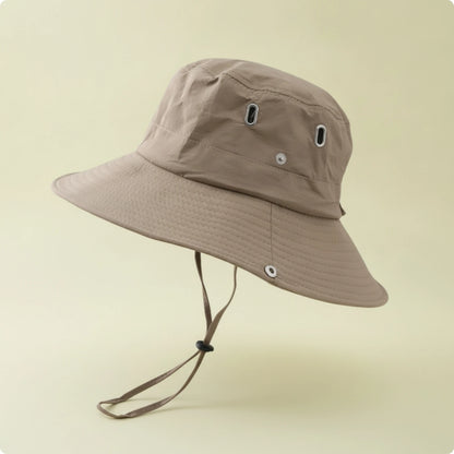 Breathable Wide Brim Bucket Hat With Chin Strap