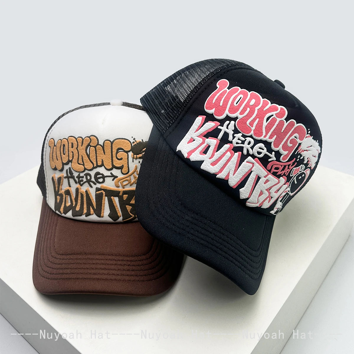 Cartoon Graffiti Printed Colorblock Mesh Snapback Cap