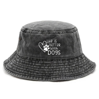 Life Is Better With A Dog Paw Print Washed Black Bucket Hat