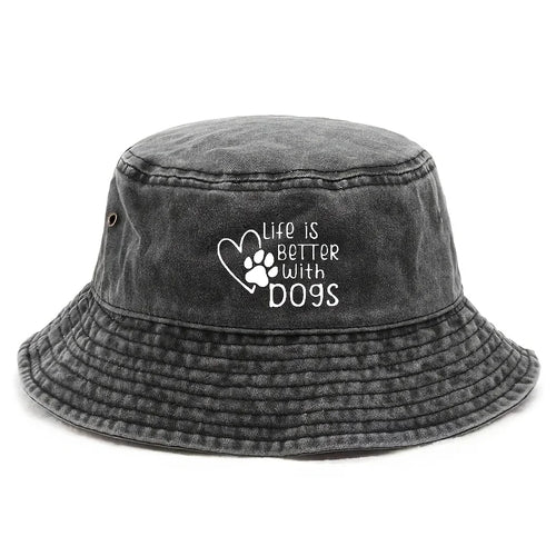 Life Is Better With A Dog Paw Print Washed Black Bucket Hat