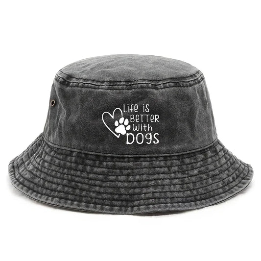 Life Is Better With A Dog Paw Print Washed Black Bucket Hat