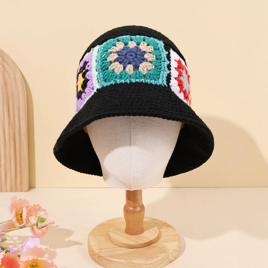 Women Black Geometric Flower Patch Bucket Hat