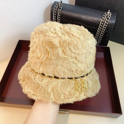 Women Lamb Fleece Rose Fisherman Bucket Hat