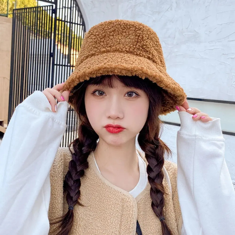 Women Faux Fur Lamb Wool Fisherman Bucket Hat