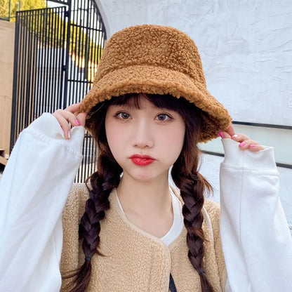 Women Faux Fur Lamb Wool Fisherman Bucket Hat