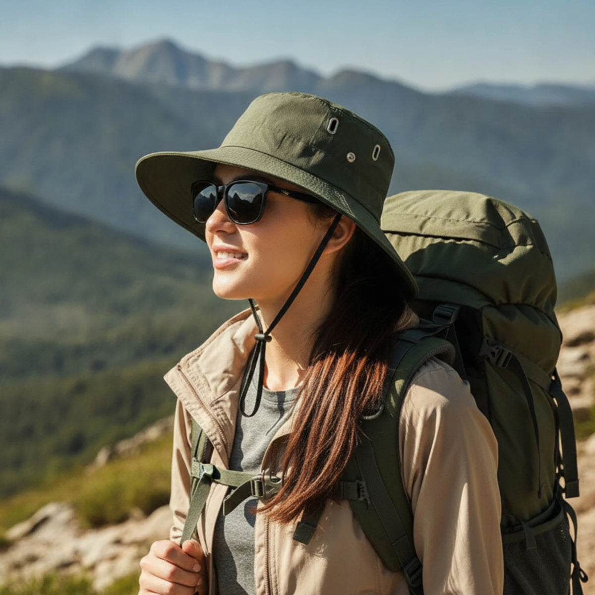 Breathable Wide Brim Bucket Hat With Chin Strap