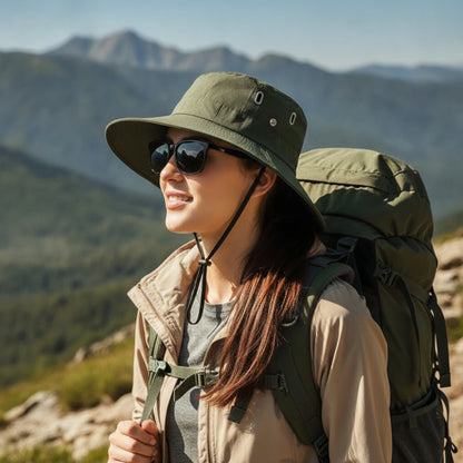 Breathable Wide Brim Bucket Hat With Chin Strap
