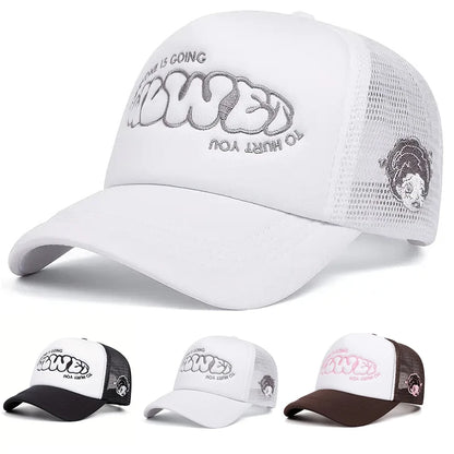 Crying Girl Embroidered Mesh Baseball Cap