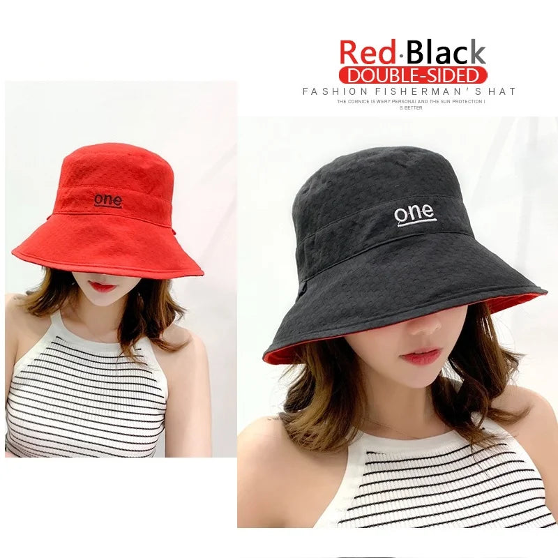 Womens ‘ONE‘ Letter Embroidery Double-Sided Cotton Bucket Hat