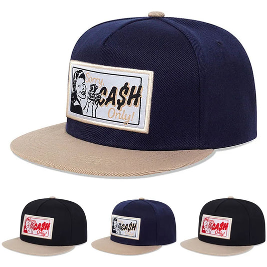 CASH Embroidered Flat Brim Adjustable Snapback Cap