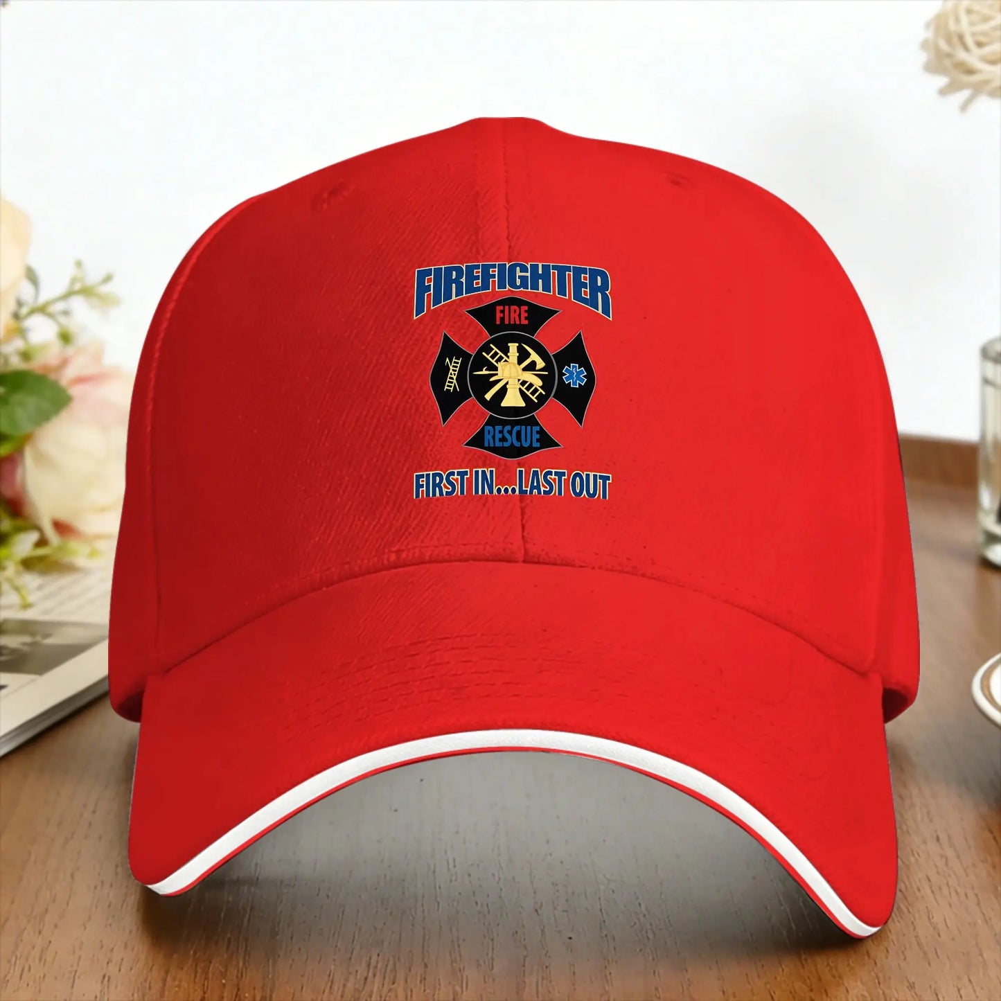 Firefighter Maltese Cross First In Last Out Baseball Cap