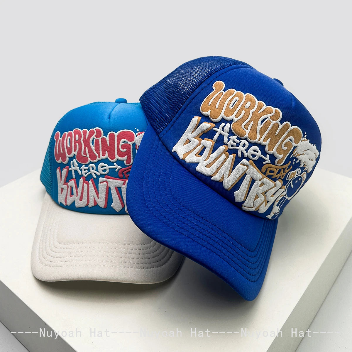 Cartoon Graffiti Printed Colorblock Mesh Snapback Cap