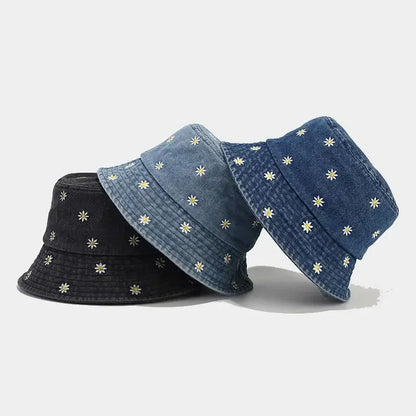 Daisy Embroidered Denim Bucket Hat