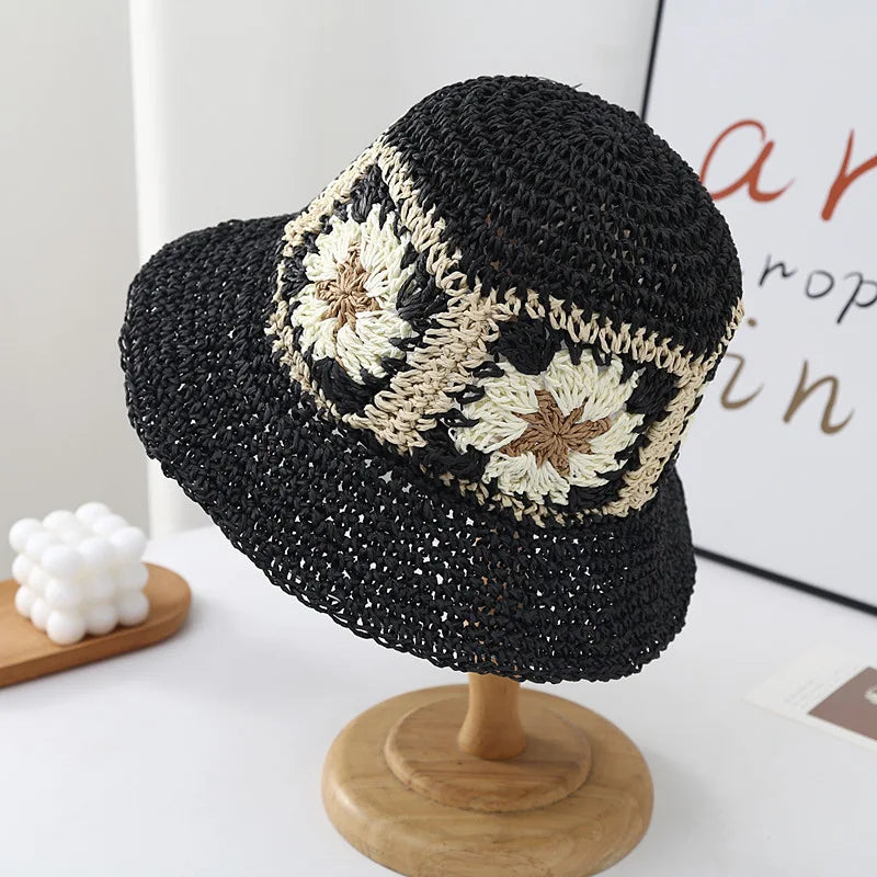 Women Foldable Straw Crochet Flower Bucket Hat